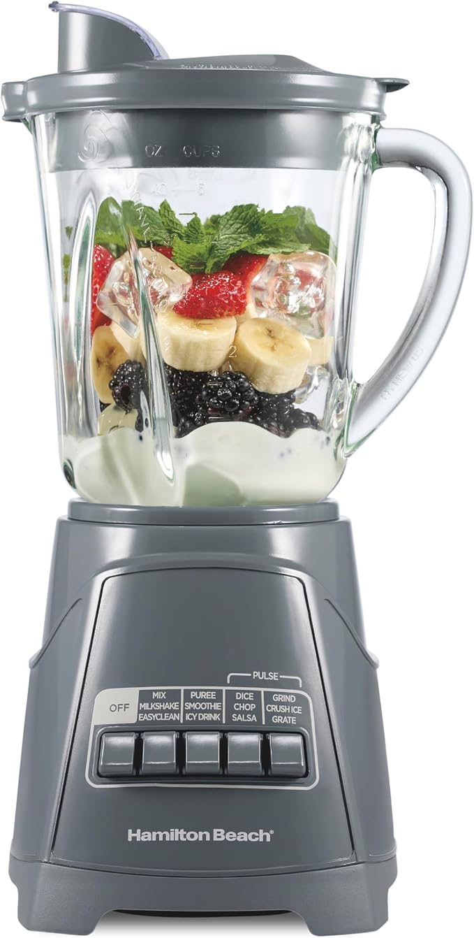Hamilton Beach Power Elite Blender For Smoothies With Wave Action System | 40 oz. Glass Jar | 12 Functions Including Puree, Crush Ice | 700 Watts | Grey | 58153J