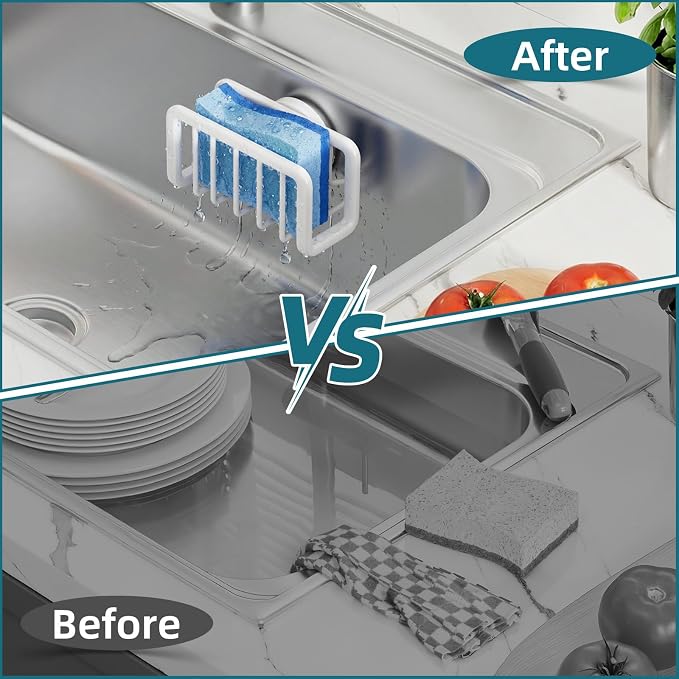TAILI Sink Caddy with Strong Suction Cup, Sponge Holder for Kitchen-White | Sponge Caddy for Kitchen Sink Oganizer, Removable Rustproof Aluminum Sponge Holder for Dish Brush, Scraper, Scrubber