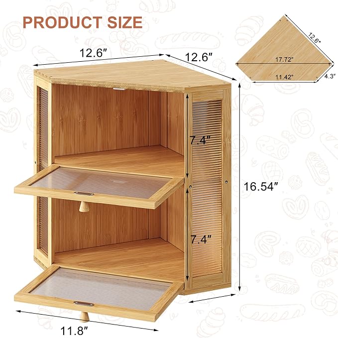 WOWLIVE Double Layer Corner Bread Box for Kitchen Countertop with 2 Doors | Bamboo Bread Storage Container, Large Farmhouse Breadbox with Acrylic Wavy, Under Cabinet Organizer, Natural, Extra Large