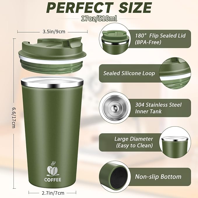 Insulated Travel Coffee Mug Reusable Coffee Tumbler Cup with Flip Lid Leak Proof Spill Proof for Office School Party Camping Hot and Cold Drink,Stainless Steel 17oz (Army Green)