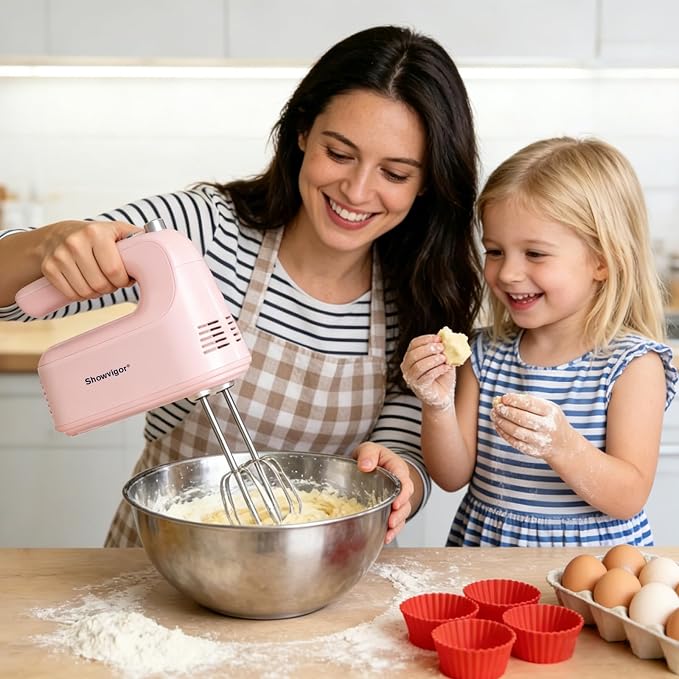 Electric Hand Mixer, 300W Handheld Mixer with 5 Stainless Steel Accessories, 5 Adjustable Speeds + Turbo Boost & Self-Control, One-Button Eject, Food Beater for Cakes, Eggs, Dough (Pink)