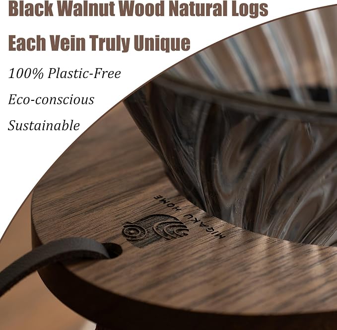 V02 Pour Over Coffee Maker, Black Clear Glass Dripper with Black Walnut Wooden Stand & 50 Pcs V60 Filters, Premium Coffee Pour Over Set, 1-4 Cups