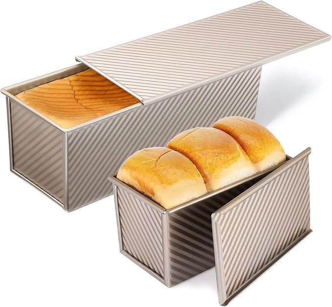 PADELE 2 Pack Pullman Loaf Pan with Lid, 13x4 & 9x4 inch (2.2 lb & 1 lb Dough Capacity), Non-Stick Sandwich Bread Loaf Pan for Homemade Baking Bread, Gold