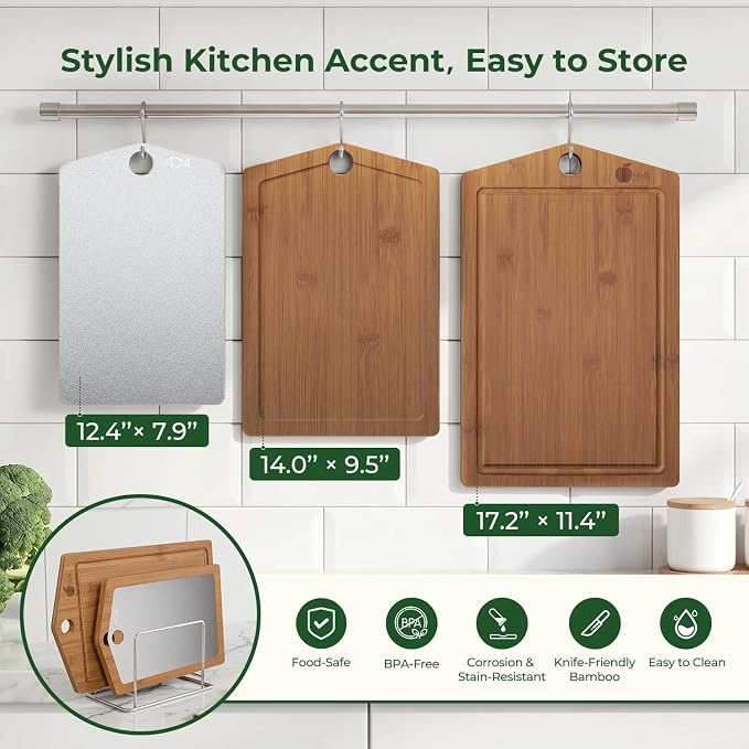 Titanium Cutting Board,Carbonized Bamboo Cutting Boards Set for Kitchen | 3pcs Chopping Boards for Kitchen, Large Metal Wood Cutting Board, Non Slip, Juice Grooves, Knife-Friendly, Dishwasher Safe