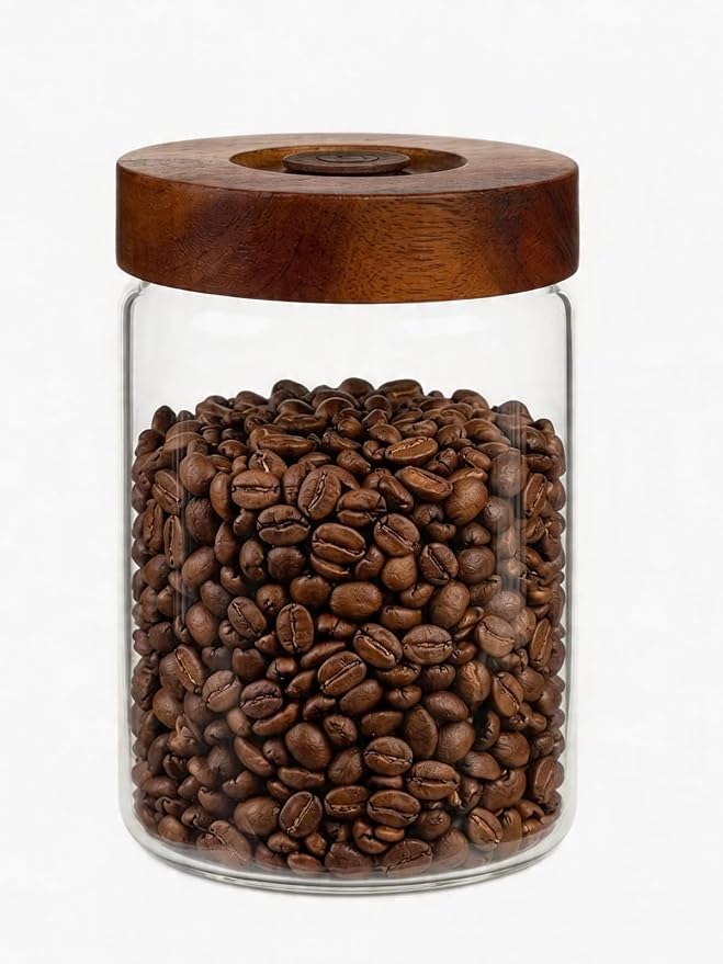 Coffee Canister, 9oz Airtight Glass Storage Jar with Wooden Lid | One way CO₂ valve helps keep beans fresh, thick glass jar for coffee beans, grounds, tea, sugar, spices, and countertop decor