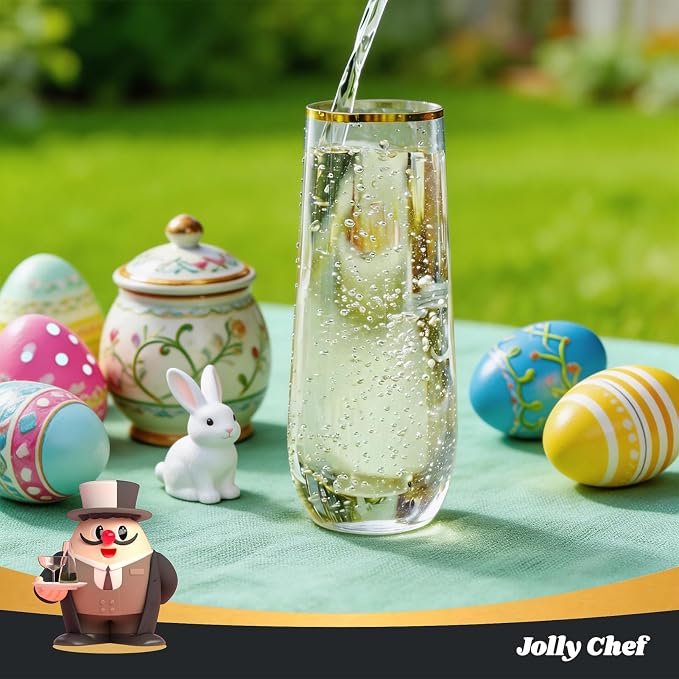 JOLLY CHEF 48 Pack Plastic Champagne Flutes, 9 oz Clear Stemless Champagne Flutes, Plastic Champagne Glasses with Golden Rim, Shatterproof Recyclable Mimosa Glasses for Party Wedding Birthday