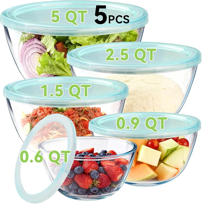 YUANYE 5 Pack Glass Mixing Bowls with Lids Set (5QT/2.5/1.5/0.9/0.6QT), Thick Glass Large Salad Bowl Set, Nesting Kitchen Bowls for Serving,Prepping,Cooking and Baking,Dishwasher,Oven,Microwave Safe