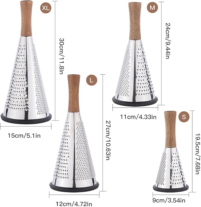 Cone Cheese Grater with Handle - Stainless Steel Triple Function Wood Handle Parmesan Shaver Non-Slip Rubber Bottom Hand Held Multifunction Vegetables Cheese Grater with container(S: 7.7" X 3.5")