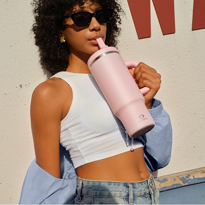 ENCOOL 40 oz Tumbler with Handle and Straw: Stainless Steel Insulated Tumbler Keeps Cold for 24 Hours, Leakproof Travel Cup Fits in Cup Holder and BPA-Free, Cotton Candy
