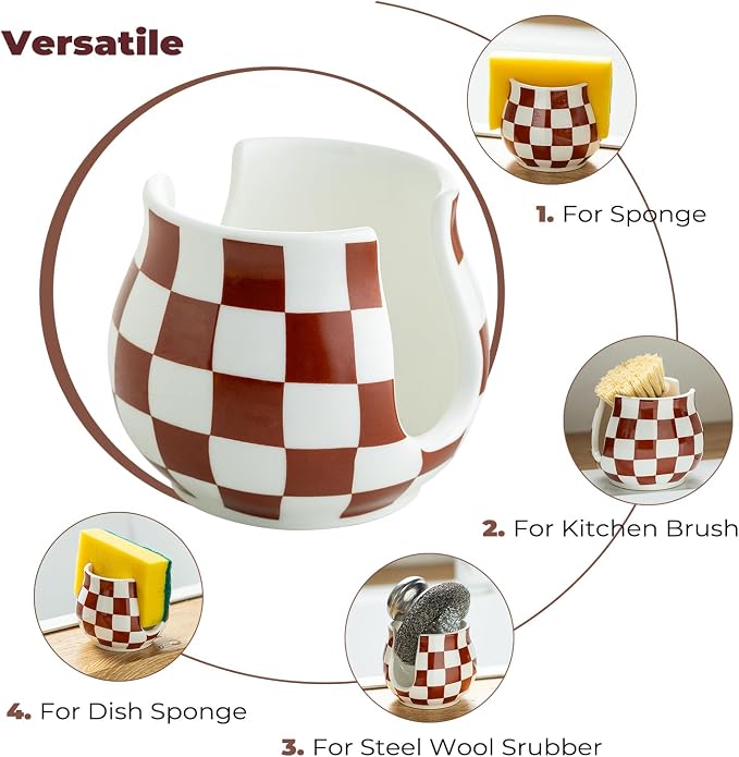 Zoeeker Sponge Holder for Kitchen Sink, Ceramic Checkered Dish Sponge Caddy | Kitchen Sink Organizer Farmhouse Scrubby Caddy Brush Holder for Bathroom, Countertop, Farmhouse Kitchen Decor, Brown & White