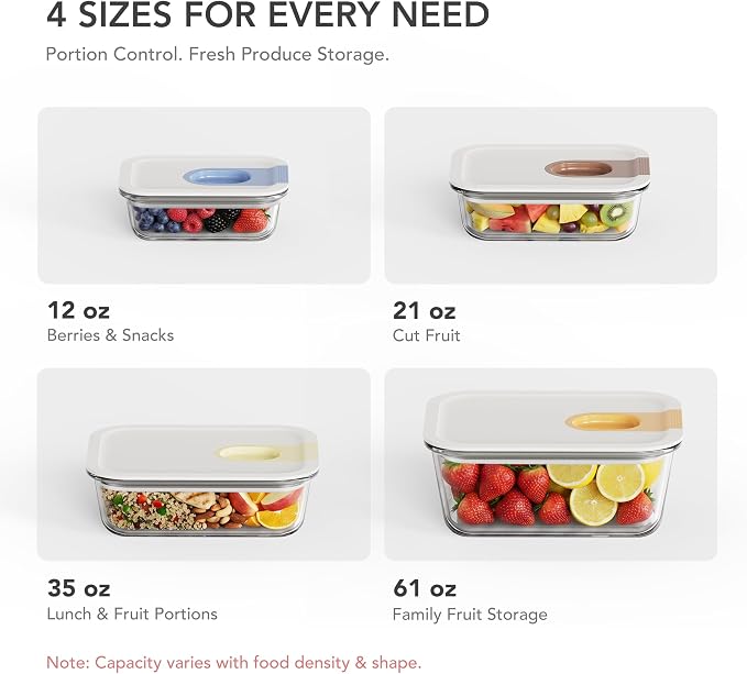 GGENICOOK 4 Pack Glass Produce Containers for Fridge with Slide Lid | 129oz Borosilicate Glass Food Storage Containers, Stackable Fridge Organizer, BPA Free, Microwave, Oven & Dishwasher Safe