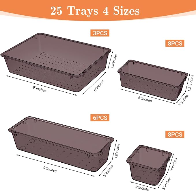 SpaceHacks 25 PCS Plastic Drawer Organizer, 4-Size Versatile Organizer Trays & storage Bins