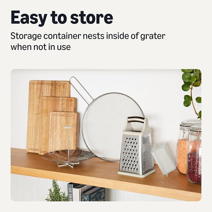 Amazon Basics 4-Sided Cheese Grater with Measurement Container, Stainless Steel, Dishwasher-Safe