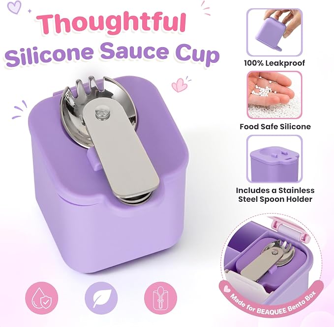 Bento Box for Kids, Lunch Box with Thermo(9oz Food Jar), Silicone Sauce Cup, Stainless Steel Spoon & Removable Divider, Kids Lunch Box Set for Girls Boys Back to School, Pink/Purple
