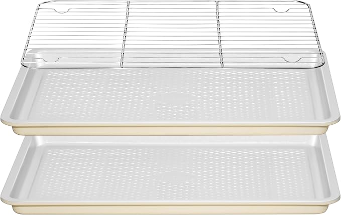 Nonstick Ceramic Baking Sheet With Rack, 2-Pack Half Sheet Pan, Non-Toxic, PTFE & PFOA Free, Warp-Free, Oven Safe 550°F, Dishwasher Safe, Aluminized Steel, Gray Yellow