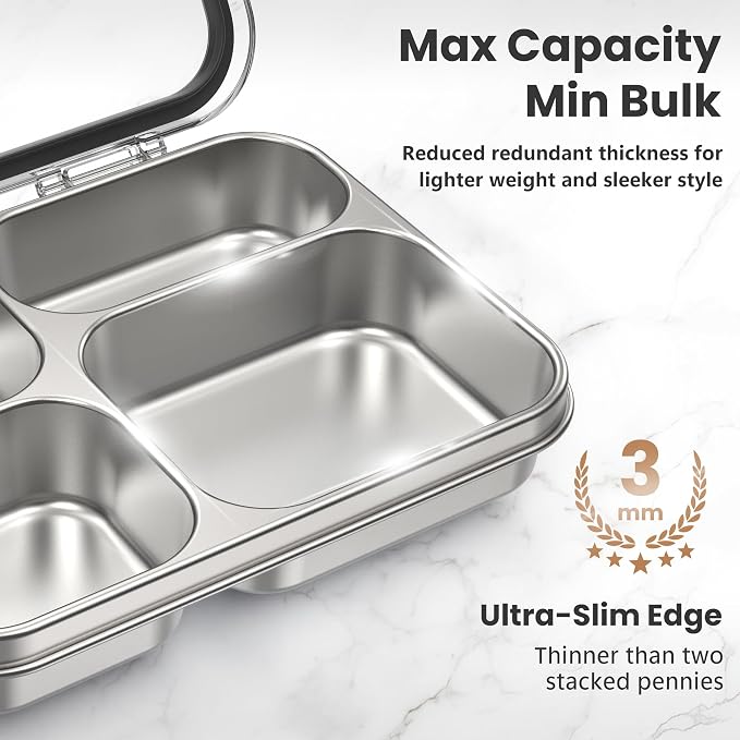 HOMEKOL Stainless Steel Bento Lunch Box, 4 Cups, Black | 4-Compartment Leak-Proof Metal Lunch Container for Kids & Adults, BPA/BPS-Free, Dishwasher Safe, Clear Lid, (Not Insulated)