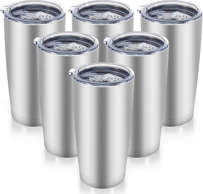 20 oz Tumblers Bulk Stainless Steel Tumbler with Lid, 6 Pack | Stainless, 20oz Insulated Coffee Mug, Double Wall Vacuum, Powder Coated Cup, for Hot and Cold Drinks