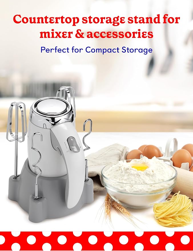 Betty Crocker 7-Speed Power-Up™ Hand Mixer with Stand, BC-4208W, White | 300 Watt Electric Mixer with Beaters and Dough Hooks, Ergonomic Electric Hand Blender for Home & Kitchen with Stand