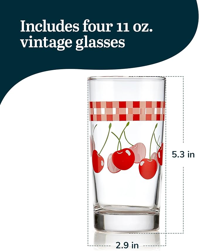 Libbey Vintage Juice Drinking Glasses Set of 4, Colorful, Retro Fruit Design Glass Cups Set, Dishwasher Safe Water Glasses Set for Everyday Beverages