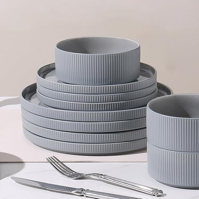 Stoneware Dinnerware Sets for 6, 18-Piece Plates and Bowls Set, Smoky Blue | Advanced Inkjet Printing Ceramic Dishes, Modern Minimalist Tableware, Scratch Resistant, Microwave and Dishwasher Safe