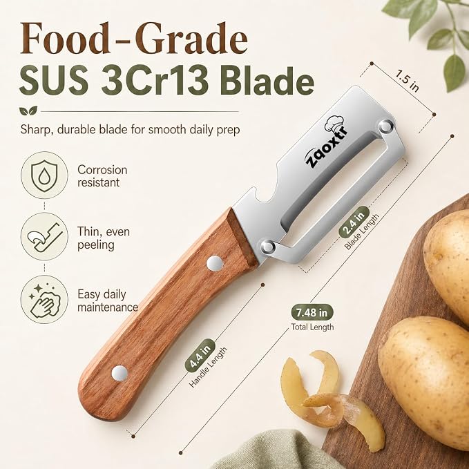 2-in-1 Multifunctional Vegetable Peeler with Bottle Opener | Wide Stainless Steel Blade and Non-Slip Wooden Handle, Kitchen Peeler for Potato, Apple, Pumpkin, Fruit and Vegetables 2pcs