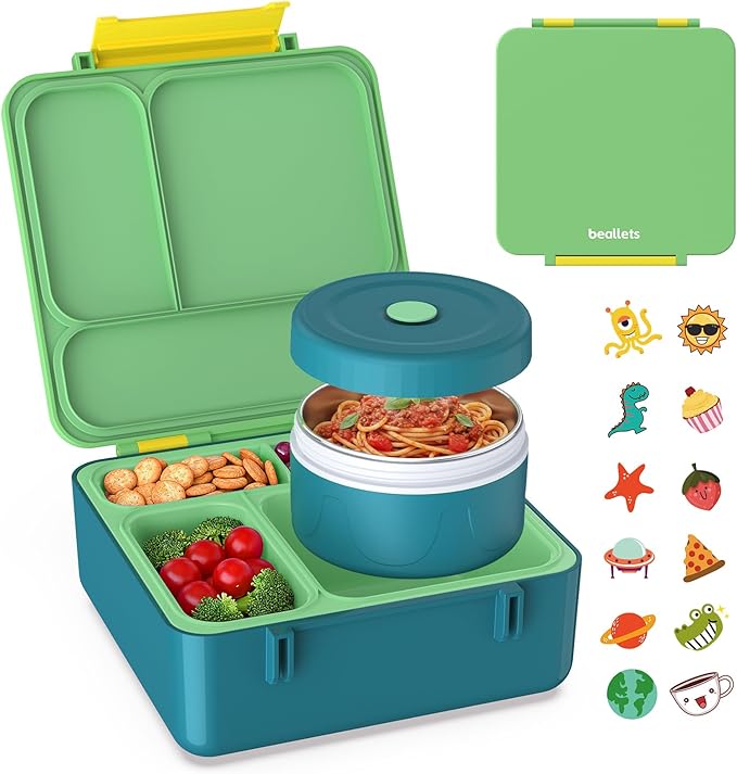 Bento Box for Kids, Lunch Box with Sticker for School | DIY Sticker Fun, Quick Lunch Packing, 4-Compartment Design, Insulated Food Jar, BPA-Free, Leak-Proof