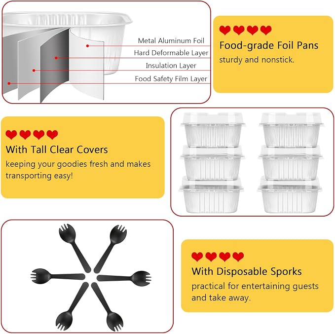 LNYZQUS 10oz Mini Cake Pans with Lids, Small Cinnamon Roll Containers | 40 Pack, White, Disposable, Aluminum Foil, Individual Baking Tins, 4 Inch Square Dessert Cups for Bake Sale Treats