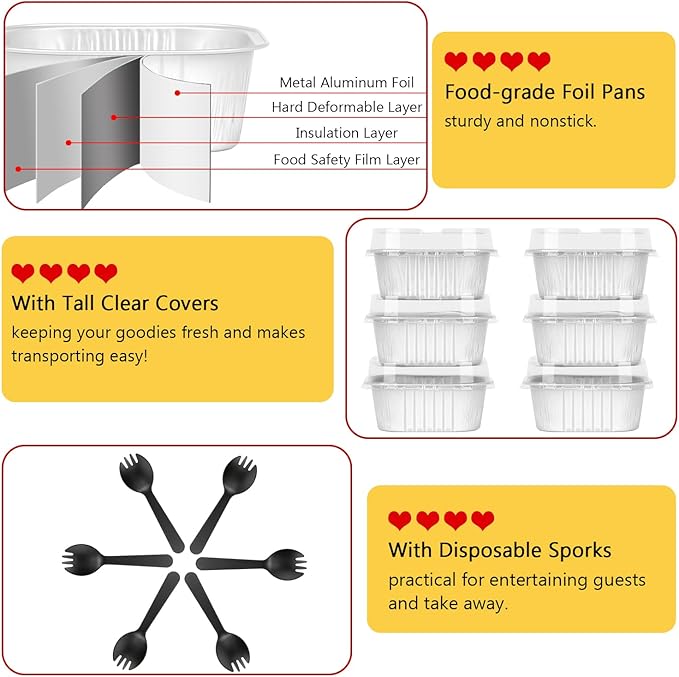 LNYZQUS 5oz Mini Cake Tins with Lids and Spoons, Disposable Brownie Pans | 40 Pack, Aluminum Foil, Square Cupcake Baking Cups, Individual Dessert Containers for Kids Party, White