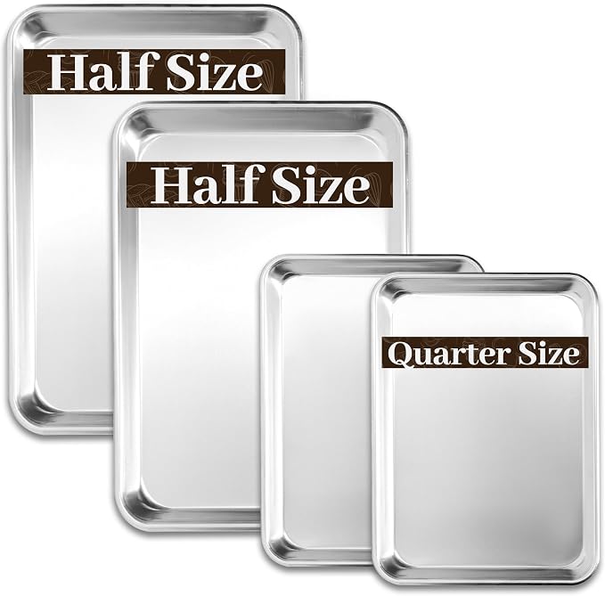 BIEAMA Aluminum Baking Sheet Pan Set of 4, 18" x 13"+ 13" × 10" | Includes 2 Half Sheet Pans & 2 Quarter Size Commercial Heavy Duty Cookie Sheets for Oven