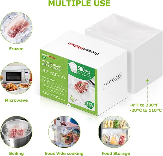 Bonsenkitchen Precut Vacuum Sealer Bags, 500 Pint 6" x 9" Food Sealer Bags | Commercial Grade, Heavy Duty, Customized Size Vacuum Bags for Vac Storage, Meal Prep or Sous Vide Cooking