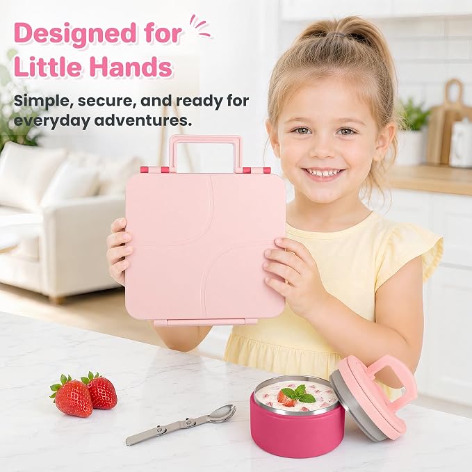 Bento Lunch Box for Kids with 8oz Soup Thermo,Kids Leakproof Lunch Food Containers with 4 Compartment,Kid Insulated Thermo Hot Food Jar for School,Trvael-Pink