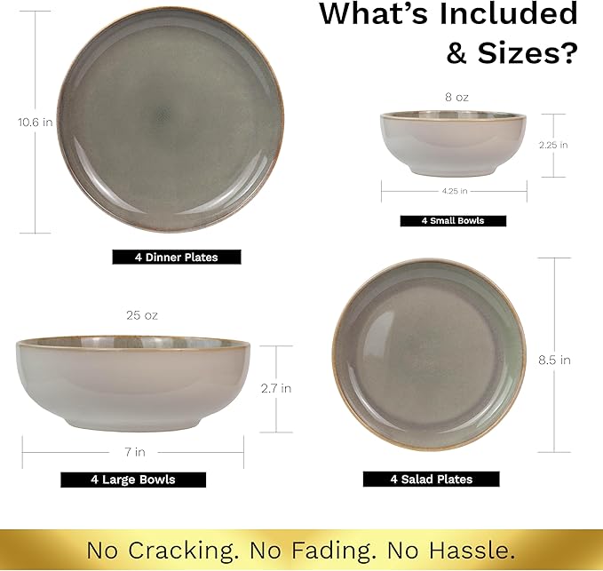 Sango 16-Piece Stoneware Dinnerware Set for 4, Glossy Cream/Green Big Dinner Plates and Bowls Sets with Reactive Glaze, Ceramic Dish Set, Modern Dishes, Microwave & Dishwasher Safe, Resona Moss