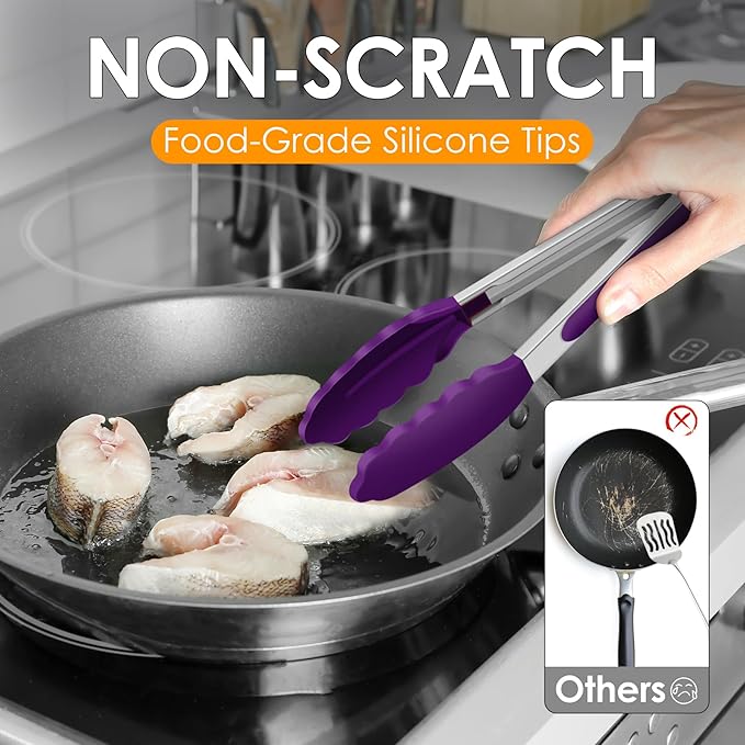 HOTEC Premium Stainless Steel Locking Kitchen Tongs with Silicon Tips, Set of 2-9" and 12" (Purple)