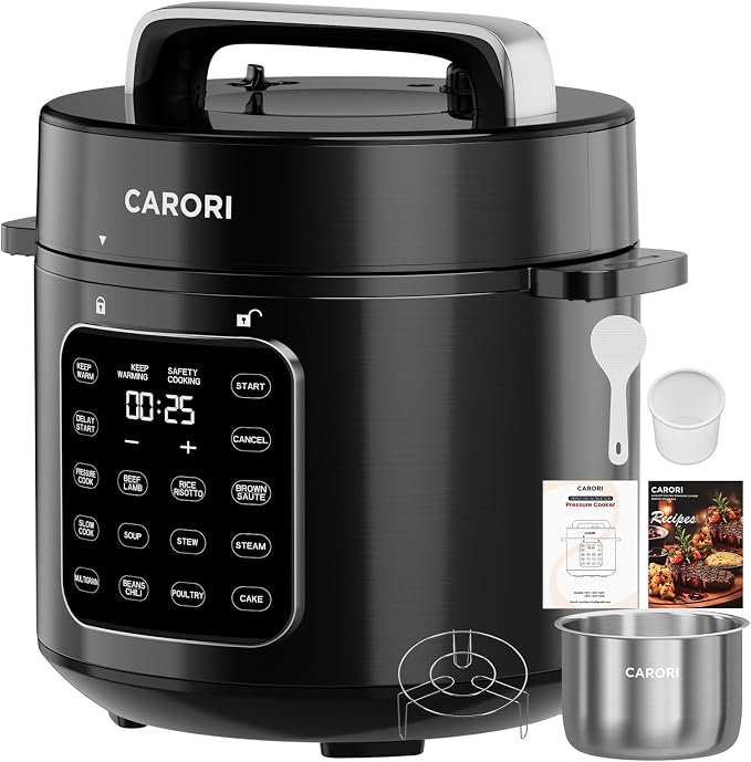 CARORI 6 Qt Electric Pressure Cooker, 9-in-1 Multi-Cooker with 12 One-Touch Presets, IMD Touchscreen, Stainless Steel Inner Pot, 24H Delay Timer, 1000W Compact Pressure Cooker, Black