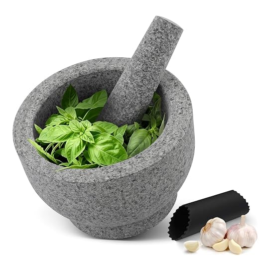Flexzion Granite Mortar and Pestle Set, 4 Cup with Garlic Peeler, Gray | Large Molcajete Stone Grinder Bowl Includes a Matching Pestle, Garlic Peeler and Non-Slip Mat for Guacamole, Salsa and Spices