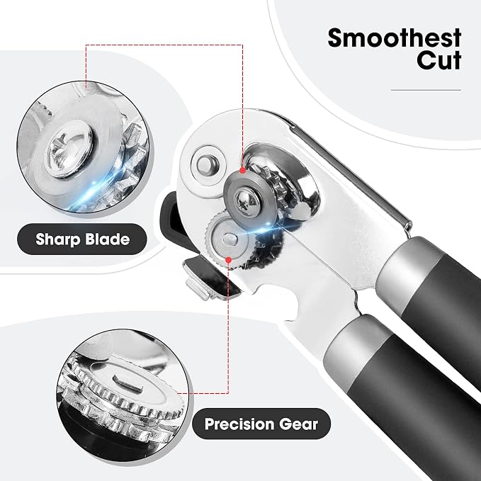 Beneno Heavy Duty Hand Can Opener Manual with Magnet Lid Remover, Black | Razor-Sharp Carbon Steel Blade, Precise Smooth Cutting Gear, Big Effort-Saving Knob, Soft Grip Handle, Built-in Bottle Opener
