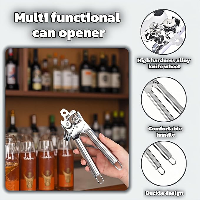 Stainless Steel Manual Can Opener, 3-in-1 Multifunctional, High-Carbon Steel Cutting Wheel, Ergonomic Handle, 7.28 Inch, for Food Cans and Bottles