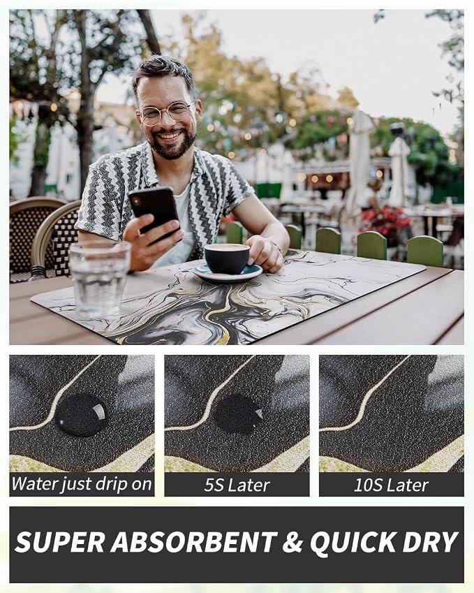 AMOAMI Dish Drying Mat for Kitchen Counter-Coffee Mat Bar Accessories, Hide Stain, Rubber Backed, Absorbent, Fit Under Coffee Maker, Espresso Machine, Pot, Dish Rack,(12x19,Marble,Black)