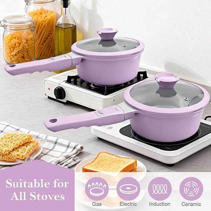 AIKENBBKK Nonstick Sauce Pan with Lid, 2.5 Qt Ceramic Saucepan with Lid, Non Stick Sauce Pan, Milk Pot&Sauce Pot&Saucepan with Pour Spout, Detachable Handle Milk Pan, Induction Compatible,Purple