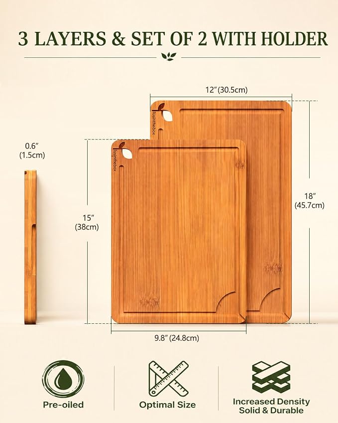 Cutting Board Set of 2,Chopping Boards for Kitchen Meal Prep,Large and X-Large Wood Cutting Boards for Meat, Vegetables and Fruit, Deep Carbonized Bamboo Boards for Daily Cooking and Small Kitchen