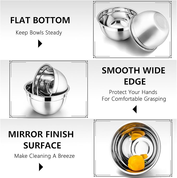 P&P CHEF Stainless Steel Mixing Bowls with Lids, Set of 3, Multicolor | Nesting Salad Bowl, Sturdy& Rust Proof, Airtight & Stackable, Suit for Mixing, Storing, Prepping, 3 Size - 4.6/3 /1.5 QT