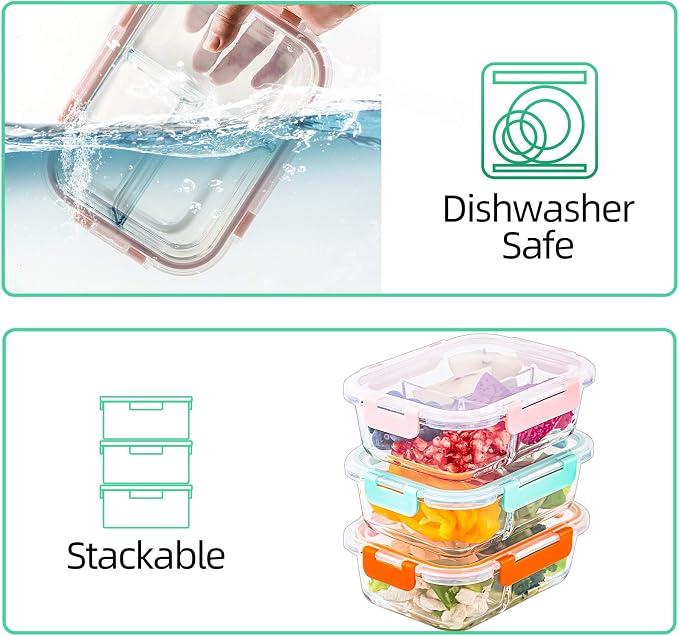 [5-Pack,36 Oz] Glass Meal Prep Containers 3 Compartments with Locking Lids | Divided Glass Portion Control Food Storage Containers with Lids, Glass Lunch Box with Dividers
