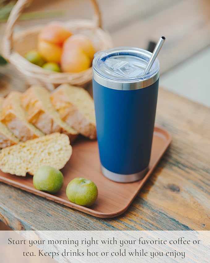20oz Travel Coffee Tumbler 8 Pack, Lids and Straws, Stainless Steel | Double Wall Vacuum Insulated Tumbler, Coffee Mug for Hot & Cold Drinks, Fits Most Car Cup Holders, Navy Blue