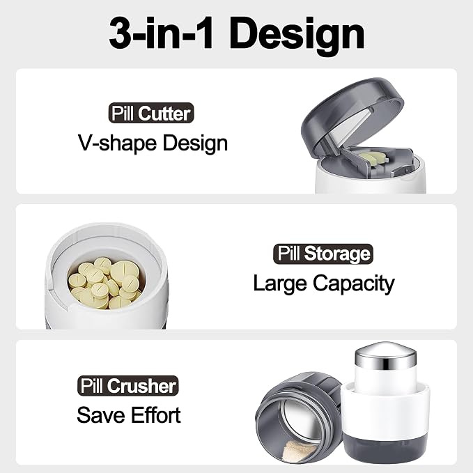 DUBSTAR 3-in-1 Pill Crusher Fine Powder Pill Grinder Pill Cutter Grey | Pill Crushers for Elderly and Pet with Pill Storage and Brush, Pill Splitter for Small or Large Pills