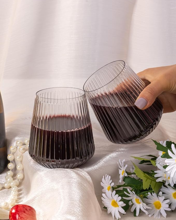 Goodluck 36 Pack 12oz Stemless Plastic Wine Glasses – Clear Ribbed Cups | Elegant Reusable Disposable Drinkware for Weddings, Parties, Bars, Indoor and Outdoor Events