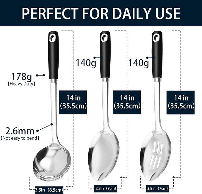 14-in Cooking Spoons Set, Heavy Duty 18/0 Stainless Steel Large Serving Spoons Set, Slotted Spoon, Cooking Spoon & Soup Ladle, Commercial and Residential Use, Pack of 3