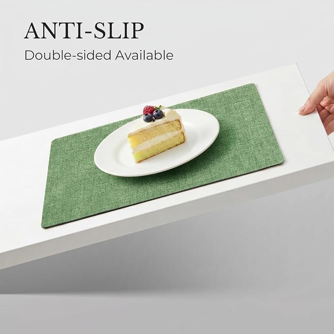 Romanstile Vinyl Placemats Set of 4, Reversible Faux Leather Heat Resistant Wipeable Table Mats, Waterproof Washable Non-Slip Table Placemats for Dining/Kitchen/Outdoor (Grey DarkGreen, 12" x 17")