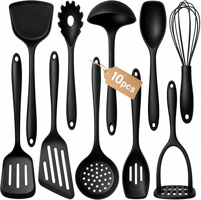 Thickened Silicone Cooking Utensils Set, 10Pcs Nonstick Kitchen Utensil Set with Solid Handle, Heat Resistant Silicone Spatula Set for Cooking, BPA Free Utensils Set with Potato Masher(Black)