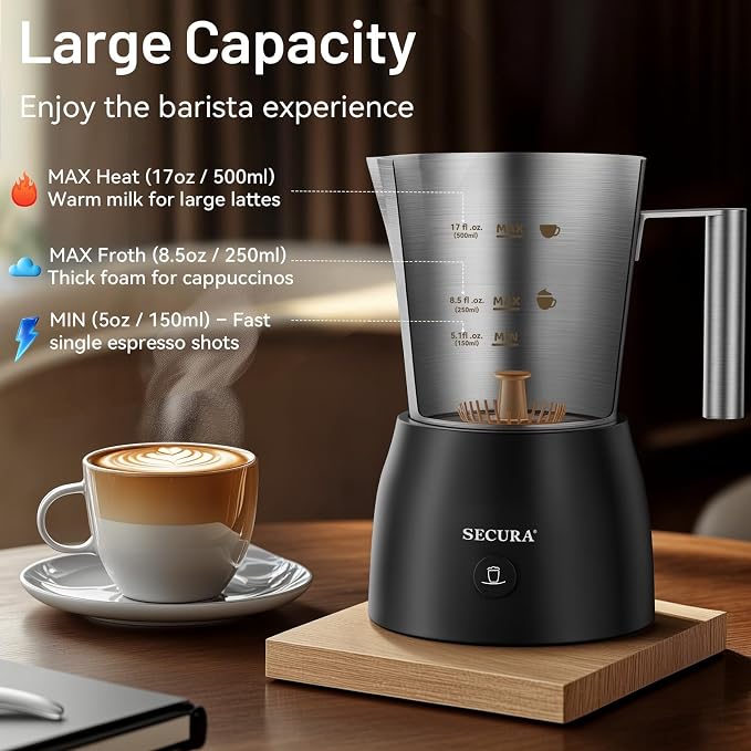 Secura Electric Milk Frother, 17oz Stainless Steel Hot & Cold Foam Maker | 304 Stainless Steel Jug, Teflon-Free & BPA-Free Design, Dishwasher-Safe, 4-in-1 Foam Maker, Create Latte, Hot Chocolate