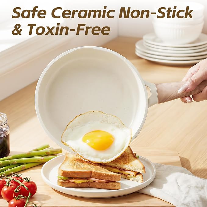 UESLUCK 8 Inch Creamic Non Stick Frying Pan With Lid- Small Creamic Skillet With lid, Egg Pan Non Stick With Cool-Touch Handle, PFAS & PTFE Free, Compatible with All Stovetops